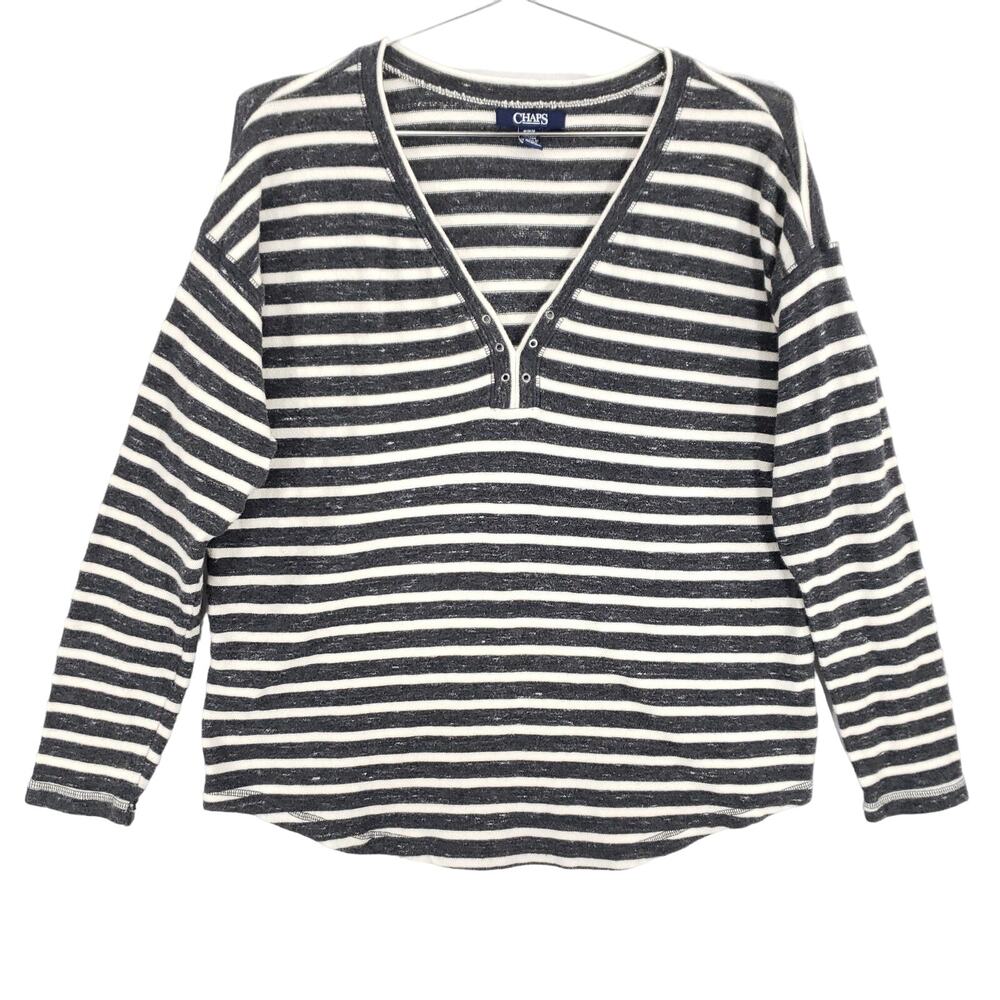 Chaps Shirt Womens Medium Gray White Striped Long Sleeve Casual V Neck Pullover
